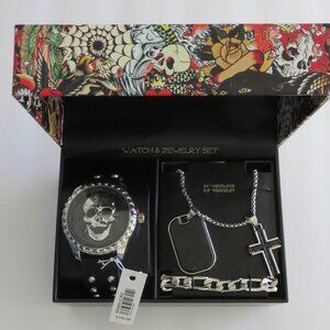 (#G-1) Ed Hardy 3-pc Skull Design Watch & Jewelry Set - Black and Silver